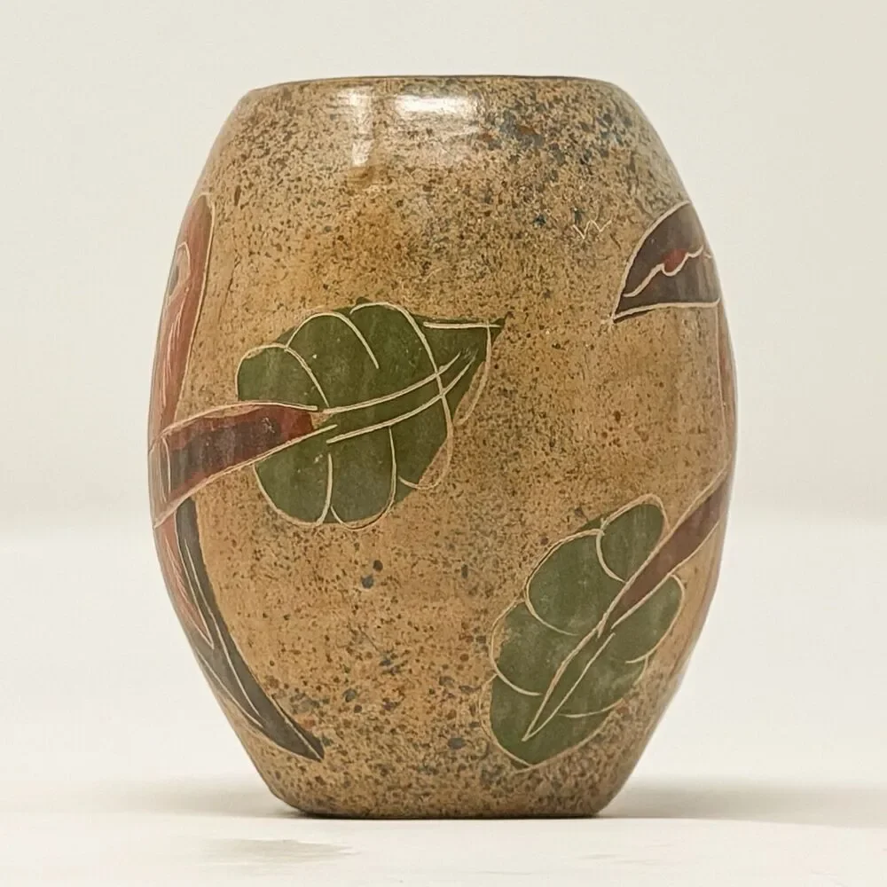 Vintage Hand Painted Parrot Pottery Vase Small Tropical Bird Decor